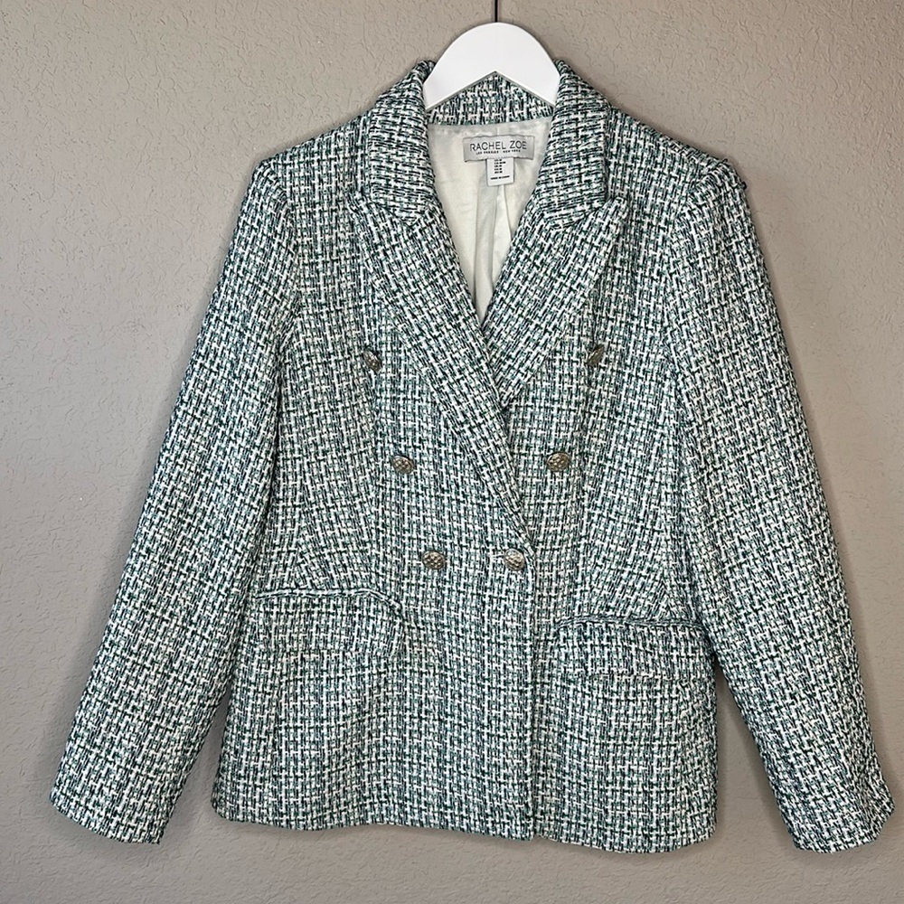 Rachel Zoe Green and White Tweed Double-Breasted Blazer